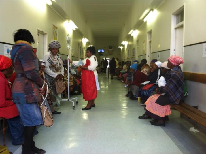 Main building and life line of the Zithulele Hospital. Patients wait in long lines to visit the physicians.