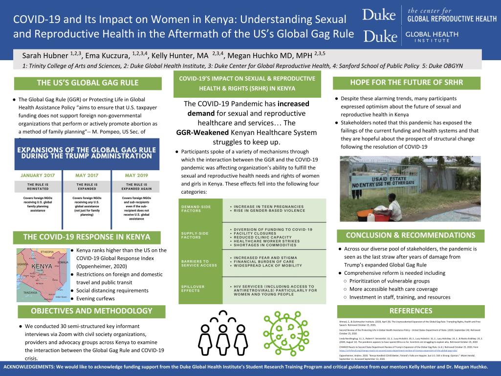 Research poster presenting the results of our semi-structured interview based research study: "COVID-19 and Its Impact on Women in Kenya: Understanding Sexual and Reproductive Health in the Aftermath of the US’s Global Gag Rule"