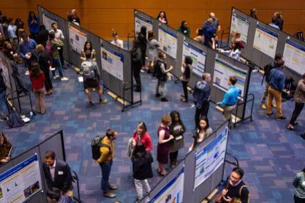 overhead view of student poster session 