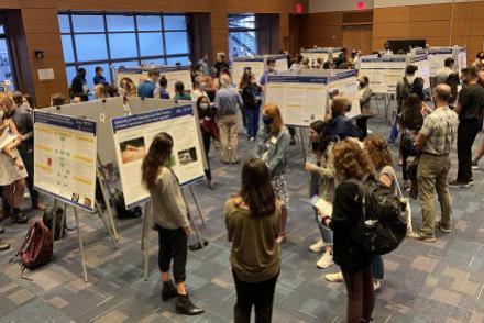 students presenting posters in room 