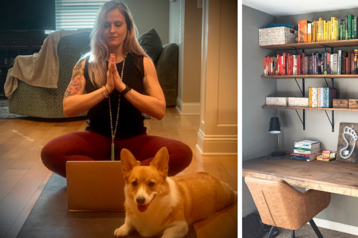 Global health master’s student Grace Lowitzer leads virtual yoga sessions from home. Jacob Stocks spends lots of time in his comfy home office.