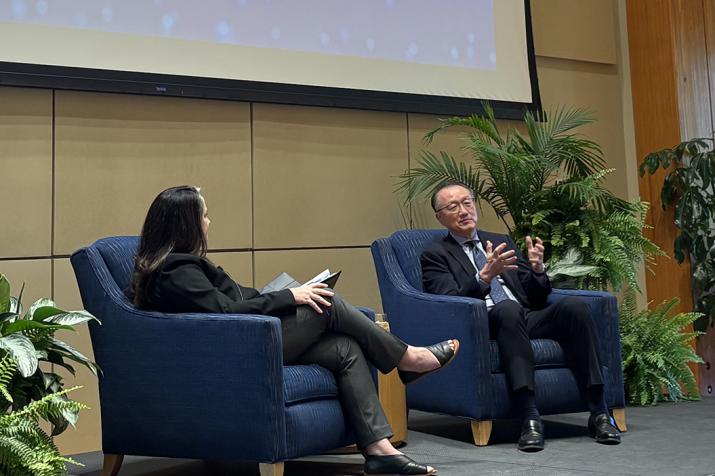 Wendy O'Meara and Jim Kim on stage