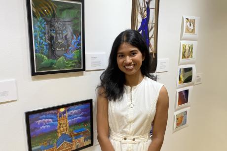 Aparnaa Velayudhan and her artwork on Duke campus
