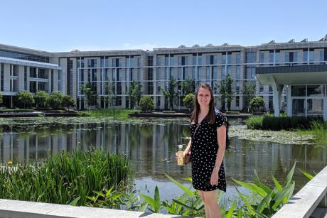 Christine Crute stands in front of Duke Kunshan University in Kunshan, Jiangsu, China.