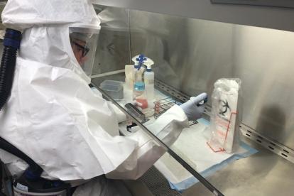 Sarah Keinonen, a researcher in the Denny Lab, harvests lymphocytes in the Duke Regional Biocontainment Laboratory.