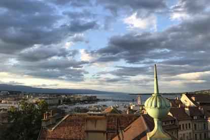 The skyline of Geneva at sunset.