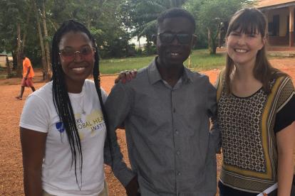 Out in the field pre-testing our household survey. We got to observe Eric (center) explaining our mission to the community leader and the importance of the community entry process. (From left) Maya Stephens, Eric Akosah (Regional Community Health Worker Program Coordinator) and Leah Schrumpf.