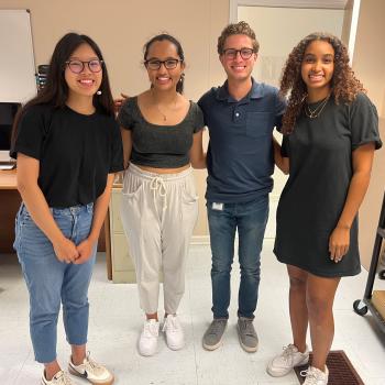 Duke students Rujia Xie, Advika Kumar, Nick Haddad, and Adey Harris stand inside the health department in Pamlico County, where they spent nine weeks researching health services in the rural community.